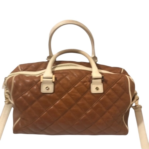 Tory Burch brown quilted leather satchel bag with crossbody strap